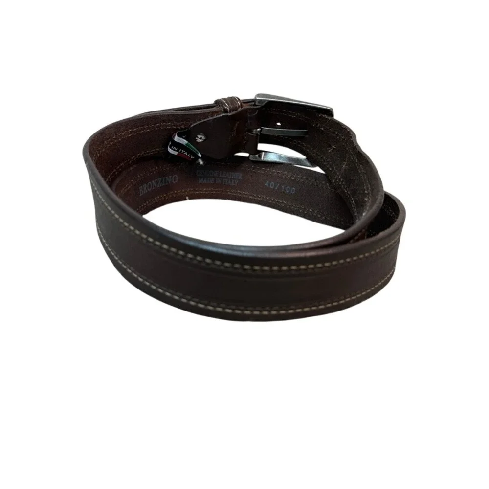 Bronzino Mens Brown Leather Belt Made in Italy Size 40/100 Contrast Stitch 1.5in